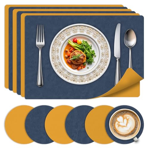 Lot De 6 Sets De Table Lavables - Sets De Table en Cuir Imperméables, Résistants À La Chaleur, Lavables Et Réversibles, Adaptés Aux Cuisines, Aux Maisons Et Aux Restaurants,Bleu+Jaune