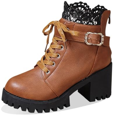Generisch Botines 2026 Mujer Moda Invierno Botines de cuero con cordones en la parte trasera y cremallera Botas con cordones con tacón, marrón, 38 EU