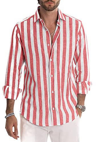 JMIERR Men's Shirts Striped Casual Cotton Long Sleeve Button Down Holiday Vacation Dress Shirt,Red,S