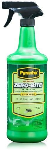PYRANHA Zero-Bite All Natural Fly Spray - Ready to Use Water Based Repellent for Horses, Dogs, Cats, Ferrets, Caged Pets, Livestock | Repels Flies, Gnats, Mosquitoes, No-See-UMS