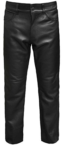 Skintan Klassiska motorcykelbyxor för män jeans i läder – finns i 73 cm, 78 cm och 86 cm inre benlängder, Svart, 42W X 34L