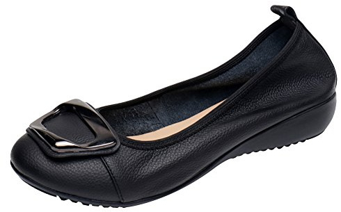 Jamron Mujer Piel Genuina Comodidad Zapatos Suela Blanda Hebilla Bailarinas Talón de Cuña Baja Pantuflas Negro SN020624 EU40