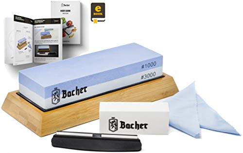 Bacher Piedra de Afilar Premium Marca 2 Lado Grano 1000/3000 Piedra afiladora- afilador de Cuchillos con Base de bambú Antideslizante, Piedra de aplanamiento, guía Angular y eBook de guía Detallada