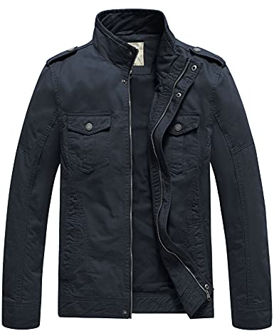 WenVen Chaqueta de algodón Ligero para Hombre Casual Ocio Chaquetas de Cuello de pie Chaquetas al Aire Libre a Prueba de Viento Chaquetas Azul Marino L