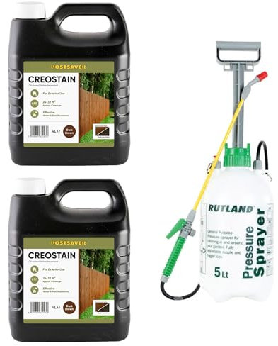 Postsaver Creostain Creocote & Sprayer | Oil Based Timber Wood Treatment | Creosote Substitute | Ideal for Fences & Sheds | 8 Litre + Sprayer (Dark Brown)