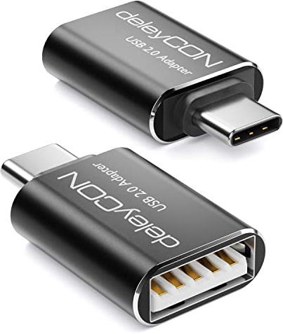 deleyCON Adapter USB C till USB A - OTG (2 Stycken) C Hane till A Hona - för iPhone 17 16 Pro Max, 15 Pro Max, iPad, MacBook Pro/Air, Galaxy S25/S24/S23/S22, PC, Dator, Notebook - Svart