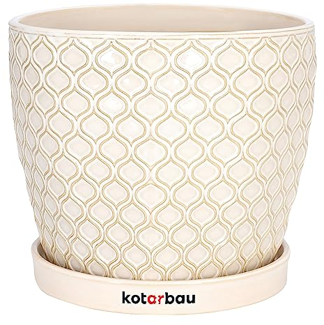 KOTARBAU® Maceta de cerámica esmaltada, Ø 15 cm, Tiesto Decorativo para Plantas, Macetero con Plato Redondo para Interiores, Minimalista, Crema, Beige, Macetas Elegantes, Estilo clásico, Maceteros