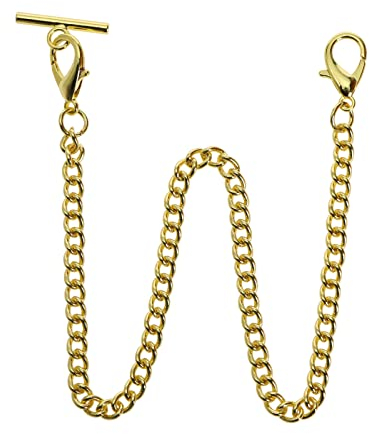 Create Idea Pocket Watch Albert Vest Chain With T Bar & Lobster Clasps - 14 Inch Classic Metal Chain Link & Stand - Single Link Vest Belt Gold