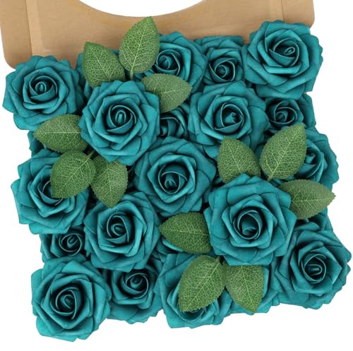N&T NIETING Rosas Artificiales de Espuma, 25 Unidades, Color Verde Pavo Real, para el día de la Madre, Rosas Falsas con Tallo para decoración del hogar, Interiores y Exteriores, centros de Mesa,