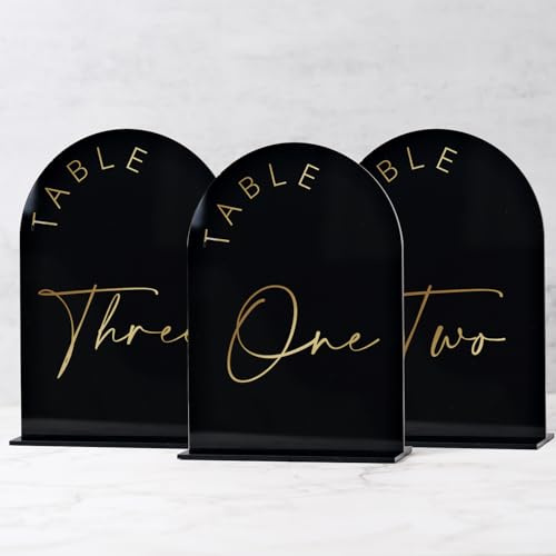 Black Arch Wedding Table Numbers 1-20 With Stands, 5x7 Inch Acrylic Sign With Gold Letters for Reception Centerpiece Decoration