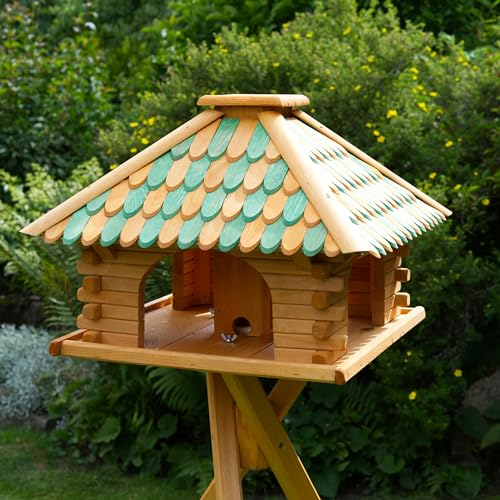 Deko-Shop-Hannusch Vogelhaus wahlweise mit Ständer und Solarbeleuchtung, Verschiedene Dachfarben (Vogelhaus mit Solar, Dach Holzschindeln grün/braun)