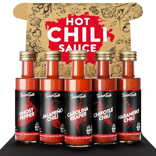 TIMBER TASTE® Chili Geschenkset scharfe Soßen Set - 5 Hot Sauce Set je 40ml in Geschenkverpackung für Liebhaber & Genießer scharfer Saucen | Ostergeschenk Mann | kleine Ostergeschenke Männer
