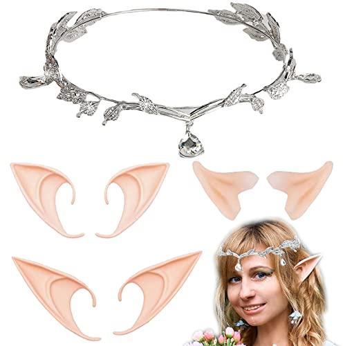 XZEIT 4 Pezzi Set di Diadema e Orecchie da Elfo Con Cristalli, Orecchie Elfo, per Feste di Nozze, Orecchie da Elfo in Lattice, Orecchie da Elfo per Cosplay e Halloween, Natale, Feste, Carnevale, Masqu