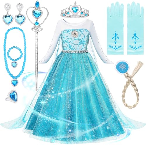 Amzeeniu Déguisement Princesse Robe Princesse Elsa 11pcs avec Baguette Magique Princesse Couronne,Jupe Tulle Longue ElsaReine des Neiges Enfant Cosplay Noël costume Carnaval enfant Fête d'anniversaire