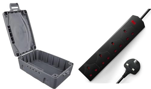 Masterplug WBX-MS Weatherproof Electric Box for Outdoors, 345 x 220 x 126.5 mm, Grey & DESIRETECH Black Electric Extension Lead - 4 Gang, 2 Metre Cable with UK Plug & 3 Pin Socket - Wall