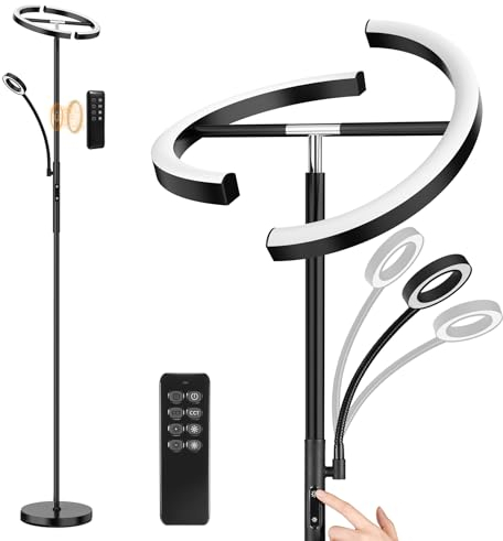 ANTENLICHT KAKA|Stehlampe LED Dimmbar|Schwarz Stehleuchte 20W mit flexibler 7W Leselampe| Modern deckenfluter mit fernbedienung mit 4 Farbtemperatur für Wohnzimmer, Schlafzimmer, Büro, Hotel