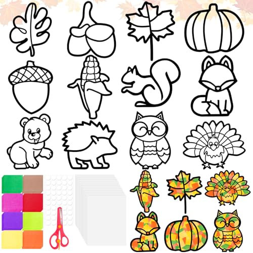Dreamtop Herbst Basteln Kinder 12 Stück Herbst Bastelset Kinder DIY Fensterbilder Herbst Basteln Bastelvorlagen Herbst Wiederverwendbare Aufkleber Fensterbilder Herbst