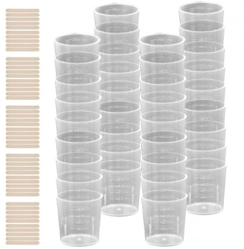 Dokeno 40pcs Gobelet de Mélange, 30ml Verre Doseur Plastique Tasses à Mesurer en Plastique avec 50 Bâtons en Bois pour Peinture Époxy Artisanat