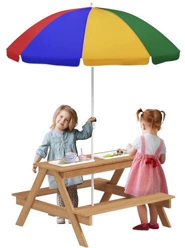 AIYAPLAY Kids Picnic Table, Sand and Water Table with Wooden Benches, Adjustable Parasol and Storage Bins, Outdoor Garden Furniture for Children 3-6 Years, Multicolour