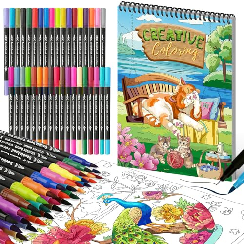 Kalysky Colouring Book for Adults, Sprial Bound Adult Colouring Book for Women with 36 Markers, Mindfulness Colouring Books Set with 30 Pattern for Stress Relief