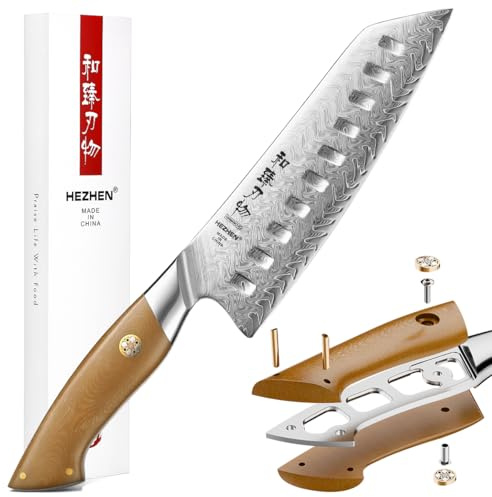 HEZHEN Santokukniv, Japansk Stil Professionell Kockkniv, Gyutokniv av Damascusstål, Full Tang Handtag