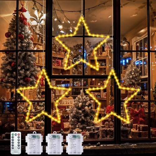 Luci Natale Esterno, 3 Pezzi Luci Natale Stelle de Batteria per Tenda, 8 Modalità Bianco Caldo, Timer, 40 LED Stella Luminosa Natale da Esterno per Albero di Natale, Finestra, Porta, Matrimonio, Festa
