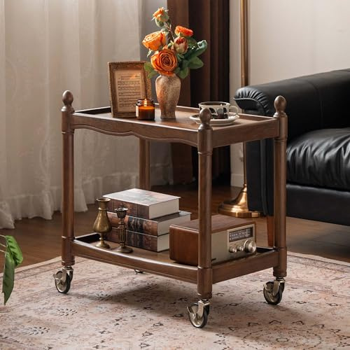 YESWOOD Solid Wood Side Table with Wheels, Retro Mobile End Table for Living Room, 2 Tier Serving Cart for Dining, Study, Balcony, Vintage 2-Tier Rolling Trolley Bar Cart (Poplar Wood, Walnut Finish)