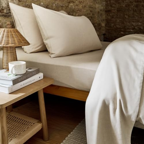 Christy Brushed Cotton Double Fitted Sheet | Warm Breathable Winter Bedding | 100% Brushed Cotton Flannel Bed Linen | Super Soft and Silky Finish | Oat Beige
