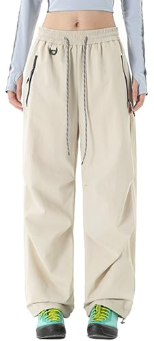 SEAUR Women's Hiking Cargo Parachute Pants Baggy Loose Quick Dry Lightweight with Zipper Pockets Drawstring Ankle Cuffs Water Resistant for Camping Trekking