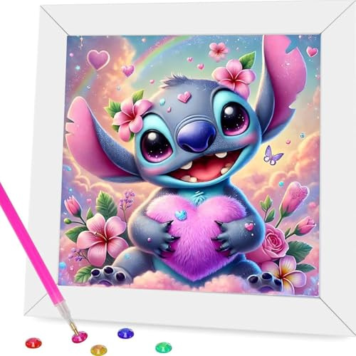 cdsnxore Stitch Diamond Painting with Frame, Cartoon Mosaic Making Diamond Painting Art Kits for Home Wall Decor (r)