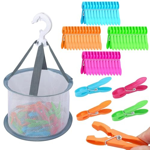 Omnikryp 48 Piezas Pinzas Cesta Ropa, Pinza para Perchas, Pinzas De Ropa con Cesta de Secado, Se Puede Tender en Plano o Colgar para Secar, para Toallas, Calcetines (Verde, Azul, Naranja, Rosa)