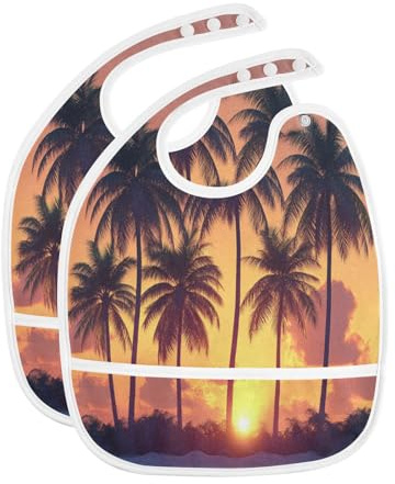 Caikeny Baby Feeding Bibs Black Coconut Palm Trees Infant Drooling Bibs Summer Sunset Food Bibs with Pocket for Toddler Girls Boys Set of 2