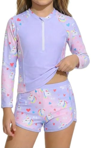 JiAmy Maillot de bain 2 pièces Rashguard pour fille - Manches longues - Protection UV - Avec short - Demi-fermeture éclair - Sirène - Licorne - Flamant rose - Motif floral - 3 à 7 ans, 7-8 ans