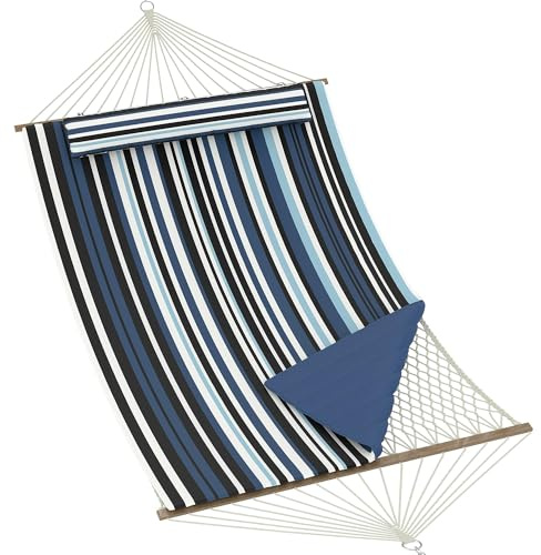 GarveeMore Hamac Double 350x140cm avec Coussin Intégré Matelassé, Hamac Jardin en Polyester Rembourré avec Barres en Bois, Hamac Extérieur sans Support pour 2 Personnes, Idéal Jardin Balcon Terrasse