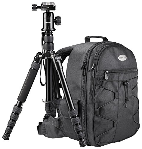 Mantona Reise Set inkl. SLR Kamerarucksack Azurit und Reisestativ DSLM Travel mit Kugelkopf und integriertem Einbeinstativ
