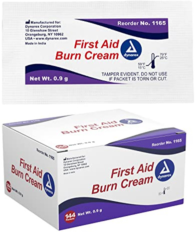 Dynarex First Aid Burn Cream - Burn Ointment For Minor Cuts, Wounds, Burns - Single Dose Water-Based Formula with Benzalkonium Chloride - For Medical & Home Care - 0.9g Packets, Box of 144