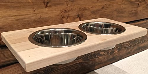 Chic, Floating, Wood, Height-Flexible Wall Mount Dog/Cat/Pet Food & Water Bowl Holder/Feeder, 2 S.S. Dishwasher-Safe Bowls (~ 1 Quart / 32 oz / 900 ml) for Mid-Size Pets. 2-Screw Installation.