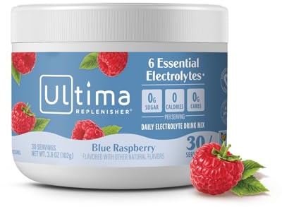 Ultima Replenisher Daily Electrolyte Powder Drink Mix – Sugar Free – Blue Raspberry, 30 Servings – Hydration Powder with 6 Electrolytes and Trace Minerals – Keto Friendly, Vegan, Non-GMO