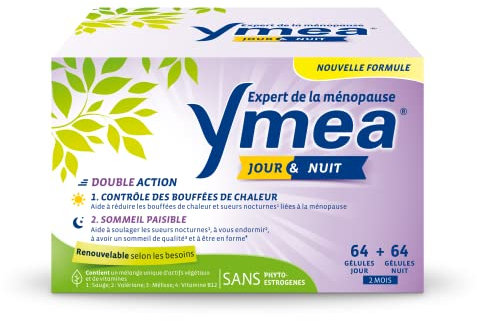Ymea Jour & Nuit - Complément Alimentaire ménopause1 - actifs végétaux et vitamines - contrôle des bouffées de chaleur1 et sommeil paisible2;3-128 gélules - 2 mois