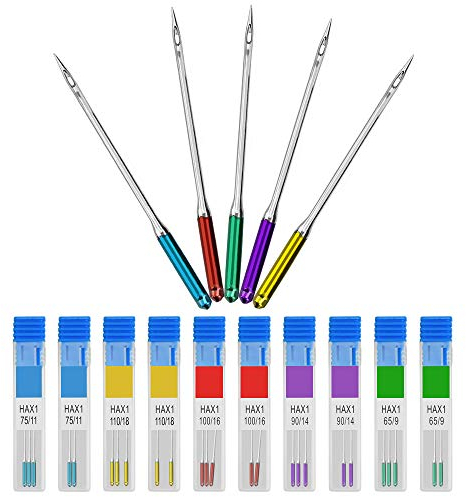 AFASOES 30 Pcs Agujas de Coser para Máquina de Coser Doméstica para Singer, Brother, Varmax, Janome Kenmore, Tamaños 65/9, 75/11, 90/14, 100/16, 110/18, Punta Universal + 10 Pcs Caja de Almacenamiento