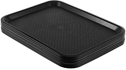 SHEUTSAN 8 Packs 16 x 12 Inches Plastic Fast Food Trays, Non-Slip Rectangular Restaurant Cafeteria Serving Trays, Sturdy Black Storage Food Service, for Household and Business Use