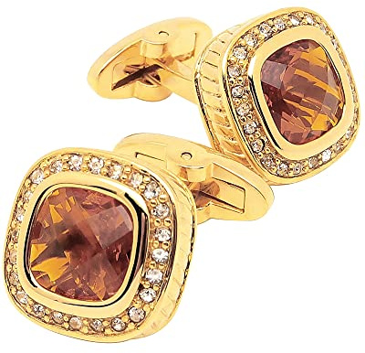 Jonwo Boutons de manchette en or 14 carats avec pierre précieuse marron pour homme Robe de mariée et robe de fête d'anniversaire, 17mm (0.67 Inch), Laiton, Cristal marron