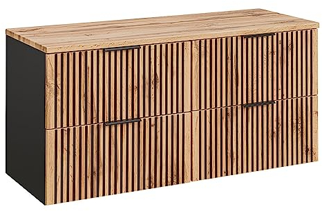 Lomadox Waschtischunterschrank Unterschrank 120 cm mit Waschtischplatte für 2 Aufsatzwaschbecken anthrazit mit Eiche Nb. schwarz gerillt, (BxHxT) 120,6x59,2x46,5 cm
