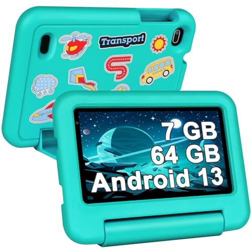 SEBBE Tablet per Bambini 7 Pollici Android 13 Tablet, 7GB RAM+64GB ROM (TF 1TB), Tablets con Controllo Parentale,App preinstallate per Kids,Tablet PC con Custodia Protettiva,Verde