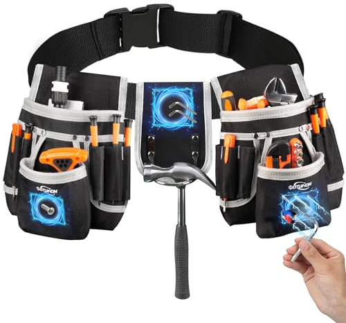 POTUINOM Werkzeuggürtel, magnetische Werkzeugtasche mit 26 Taschen, Werkzeuggürtel für Herren, robuste Werkzeugtasche, abnehmbare Werkzeugtaschen für Tischler, Elektriker, Holzarbeiter, Bauarbeiten