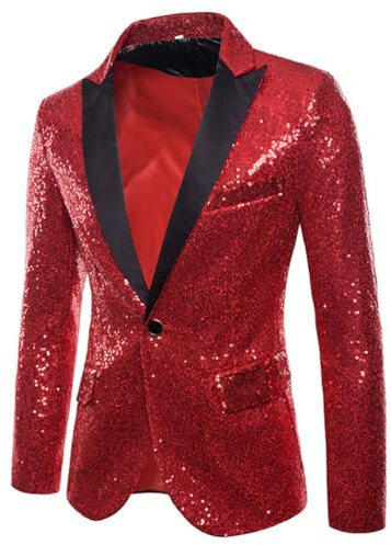 shownicer Blazer à Paillettes Homme à Sequins Dorés Veste de Costume Mode Paillette Blazer Slim Fit Manteau Veste pour Fête Cosplay Disco Party Club A Rouge M