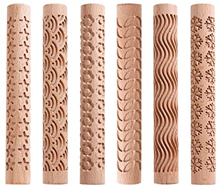 TALOEYH 6 Styles Clay Modeling Pattern Rollers, Wooden Texture Rollers Handmade Clay Rolling Pin Textured Hand Roller Pottery Tools for DIY Craft (Type 1)