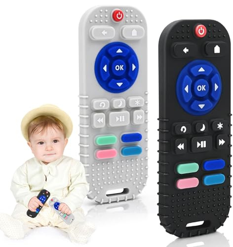 AiTuiTui Silicone Giochi Bambini per 3 6 9 12 Mesi,2 Pezzi Telecomando Giochi Dentizione per 0-6-18 Mesi, Giocattoli Sensoriali di Qualità Alimentare,Regali per Bambini Autistici,Nero e Grigio Chiaro