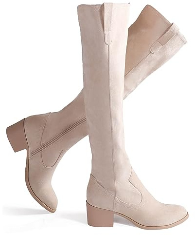 Shoe'N Tale Women's Over The Knee Thigh High Chunky Heel Pointed Toe Faux Suede Side Zipper Fall Weather Winter Boots(7,Beige)