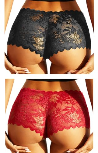 FULLJOYLOVE Donne Sexy Lace Mesh Hollow Panties Seamless Knickers Ladies Stretchy Low Rise Bikini Briefs Hipster Lace Underwear per Le Donne Nero Rosso